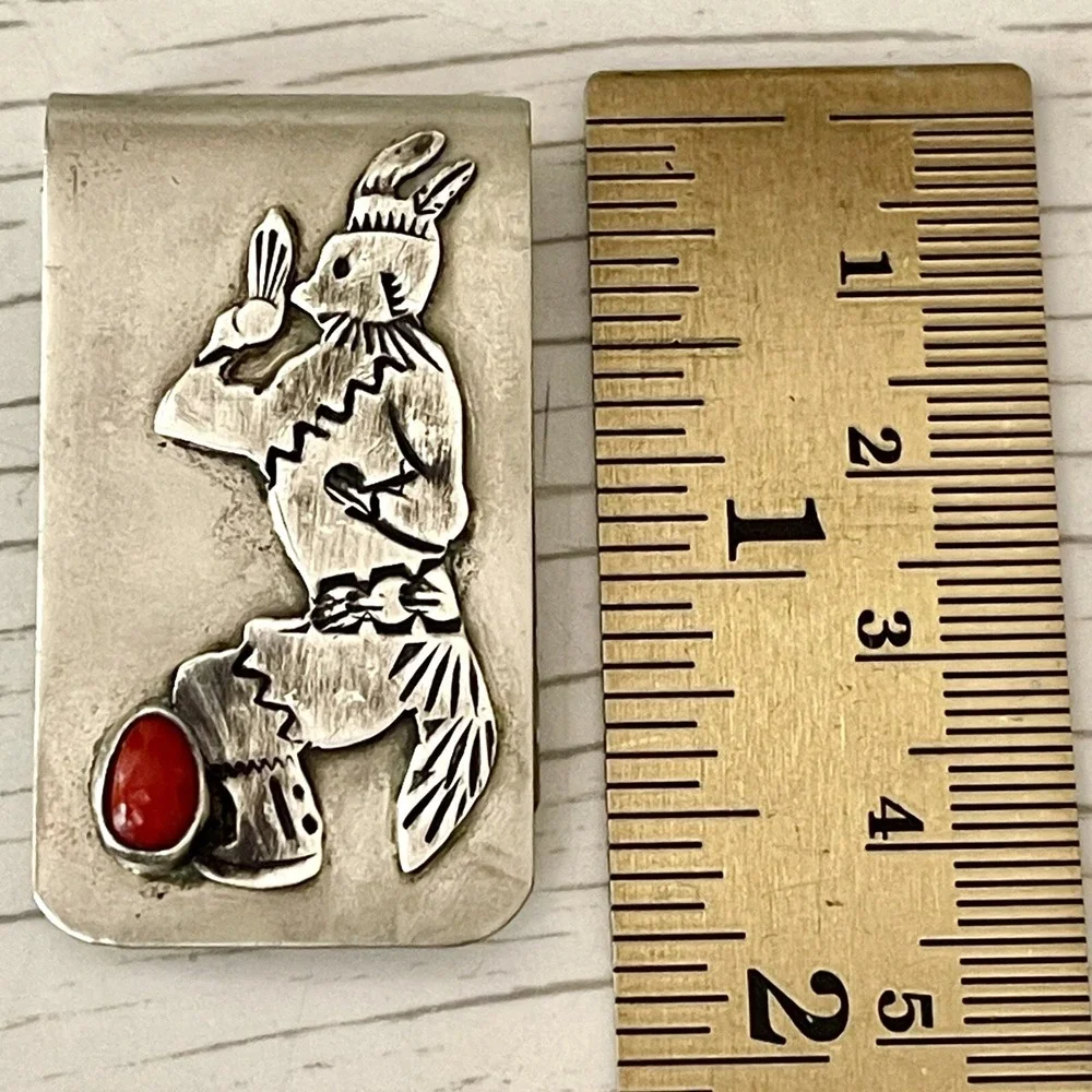 Kachina Fox Dancer‎ Coral Money Clip Sterling Hopi VTG Native Amer Turquoise